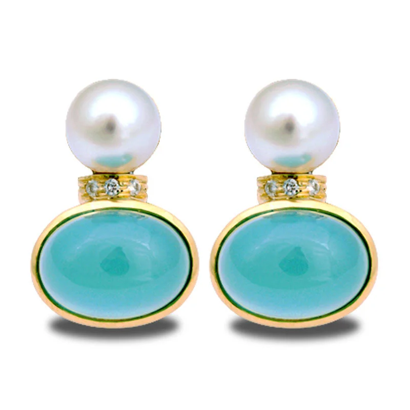 Long Statement Earrings-Earrings-Chalcedony, South Sea Pearl and Diamond