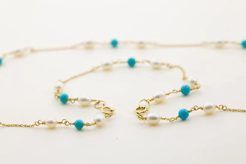 Beautiful Gemstone Chain Necklaces-Simon Alexander 9ct Gold Turquoise and Pearl Necklace with Bracelet