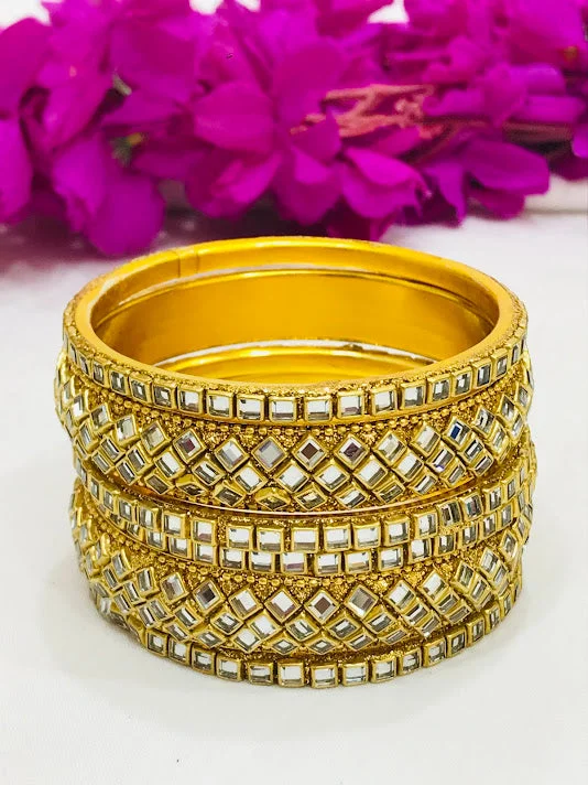 Unique Wedding Bangle Sets-Dazzling White Stoned Metal Bangles Set For Women