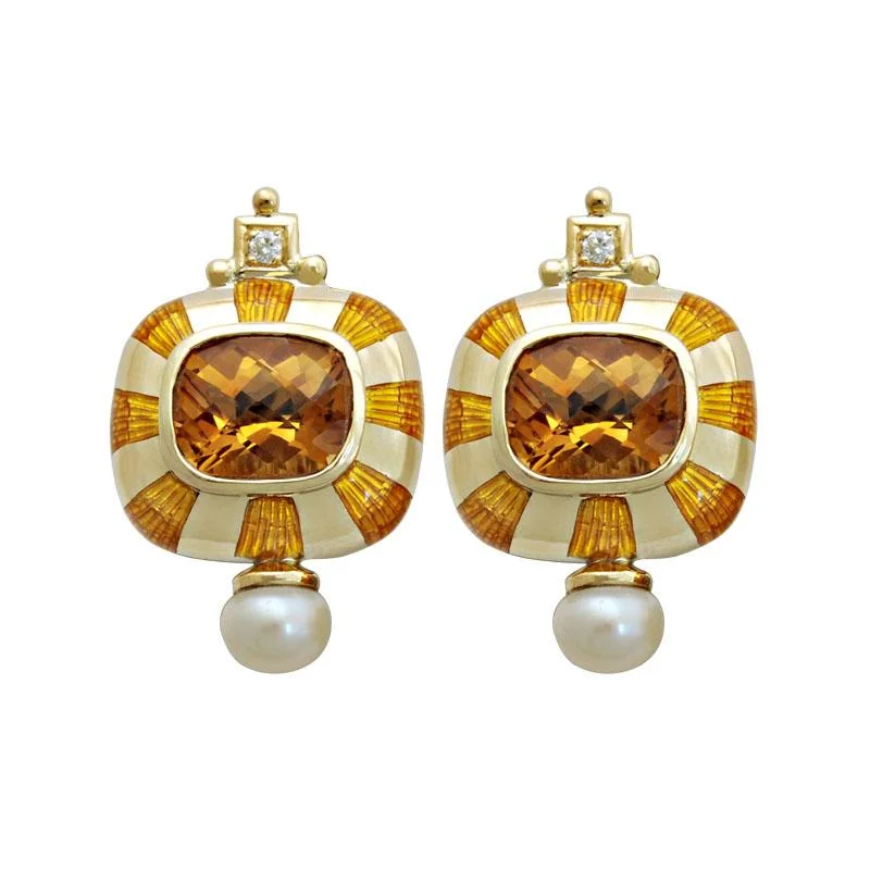 Simple Earrings for Everyday-Earrings-Citrine, Pearl and Diamond (Enamel)  (1714G)