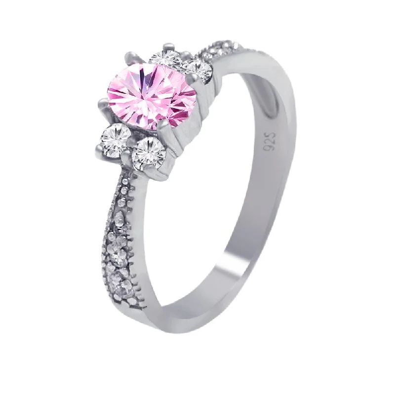 Fashionable Gemstone Wedding Rings-Silver 925 Rhodium Plated Pink Oval Center Pave CZ Engagement Ring - AAR0003PNK