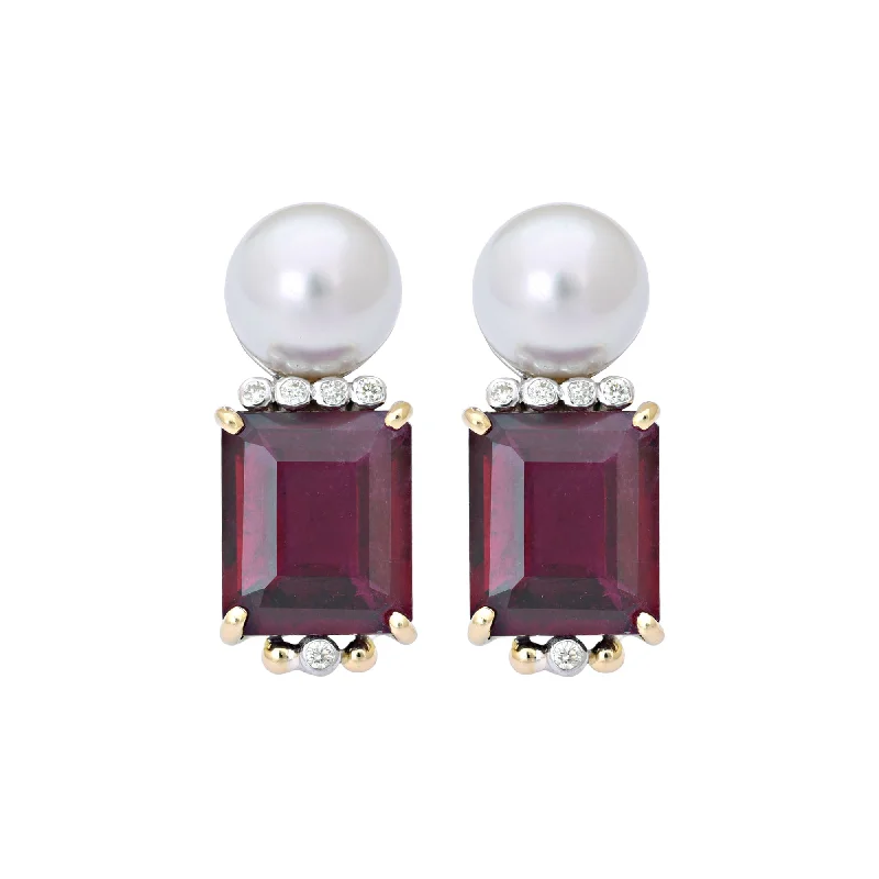 Gold Stud Earrings-Earrings- Rubellite, South Sea Pearl And Diamond (9FM)