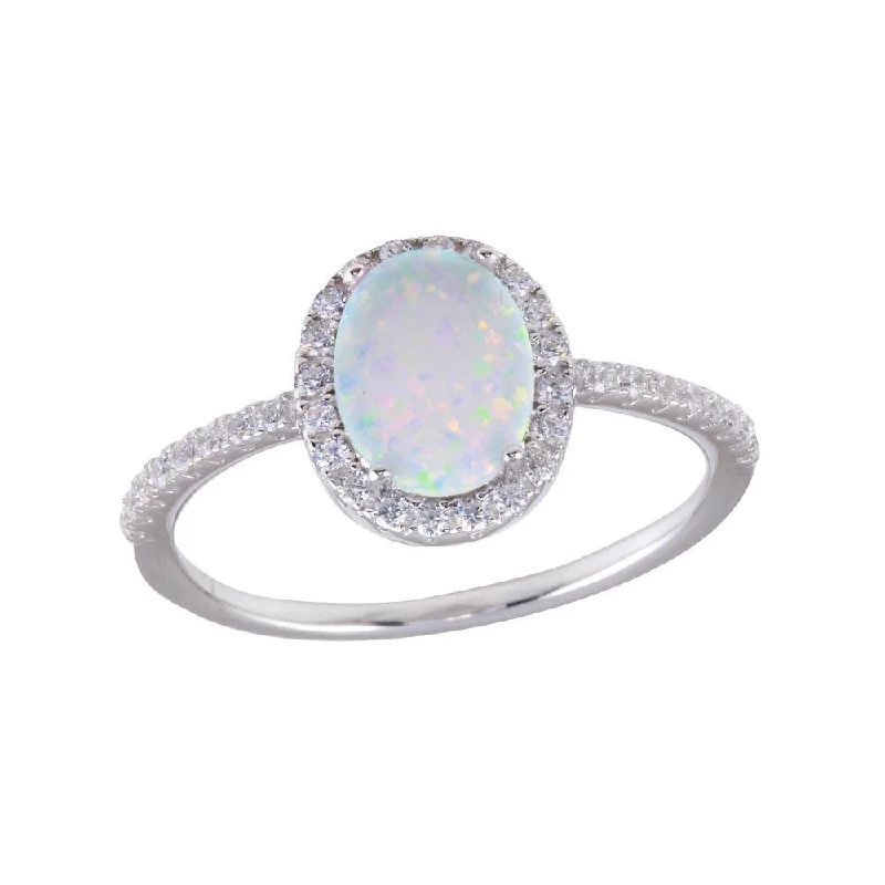 Large Gemstone Rings-Rhodium Plated 925 Sterling Silver Oval Solitaire Synthetic Opal CZ Ring - BGR01257