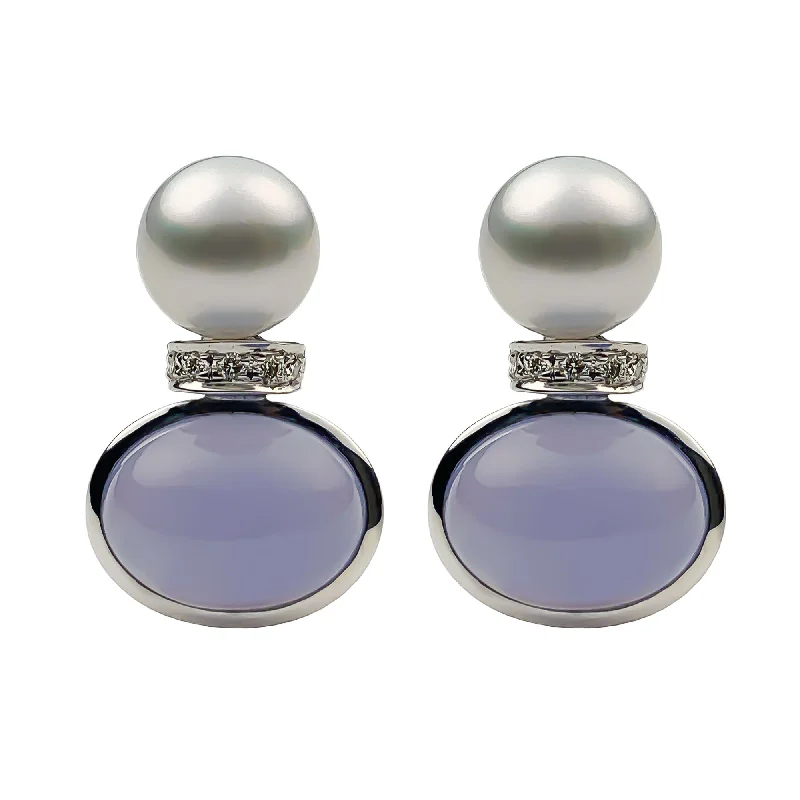 Luxurious Drop Earrings-Earrings - Chalcedony, South Sea Pearl and Diamond