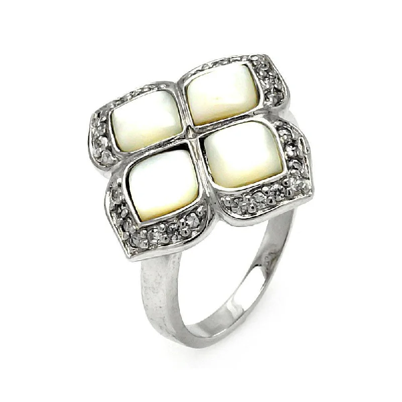 Bridal Rings-Clearance-Silver 925 Rhodium Plated CZ Pearl Flower Ring - STR00192