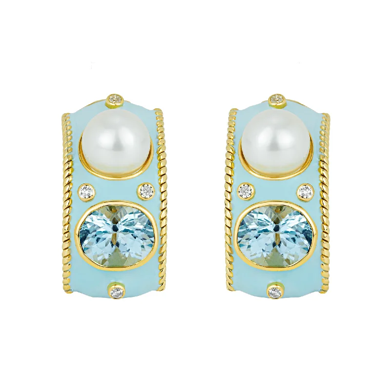 Colorful Hoop Earrings-Earrings- Blue Topaz, South Sea Pearl And Diamond (enamel) (1974D)