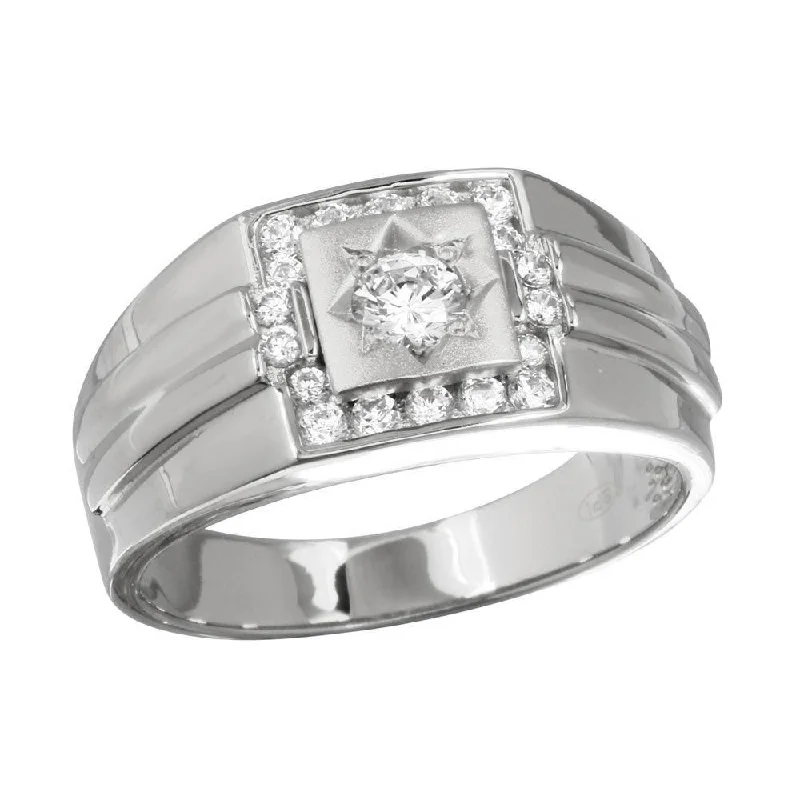 Women’s Engagement Rings-Rhodium Plated 925 Sterling Silver Men's Square Ring with CZ - GMR00240