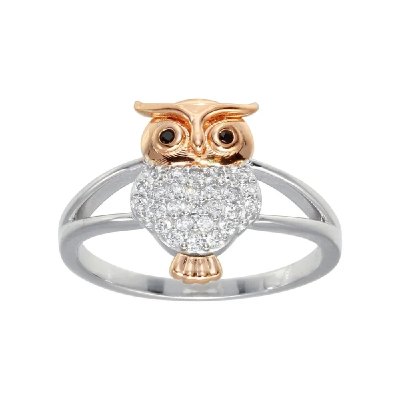 Dainty Gemstone Rings-Two-Tone 925 Sterling Silver CZ Owl Ring - GMR00299RHR