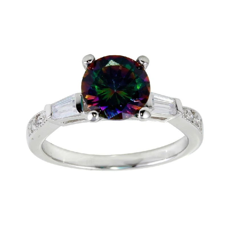 Wedding Ring Sets-Rhodium Plated 925 Sterling Silver Oval Solitaire Synthetic Mystic Topaz Baguette Shank CZ Ring - BGR01261