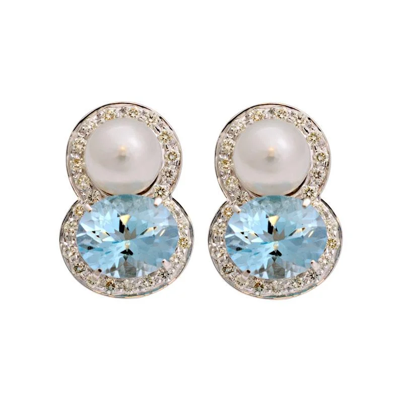 Long Drop Earrings-Earrings-Blue Topaz, South Sea Pearl and Diamond  (180AS)