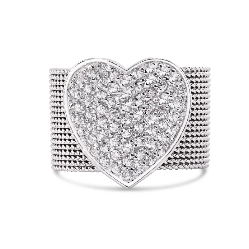 Custom Wedding Bands-Clearance-Silver 925 Rhodium Plated Multi Chain CZ Heart Ring - STR00067