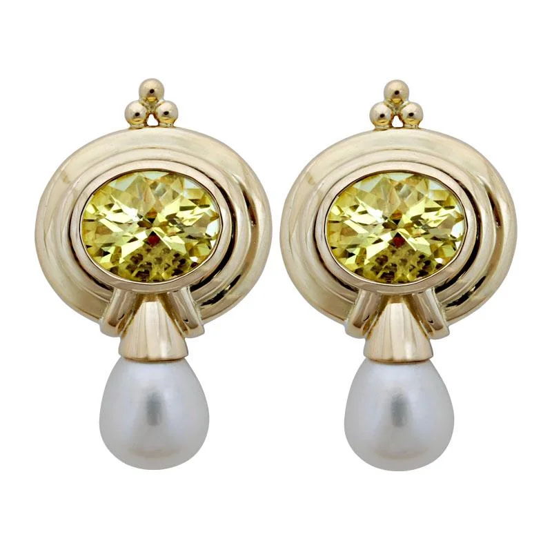 Vintage Silver Earrings-Earrings-Lemon Quartz and Pearl  (1849F)