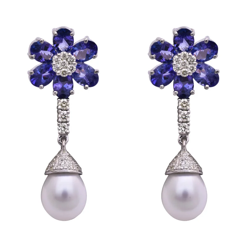 Unique Wedding Earrings-EARRINGS- TANZANITE, S.S. PEARL AND DIAMOND IN SILVER