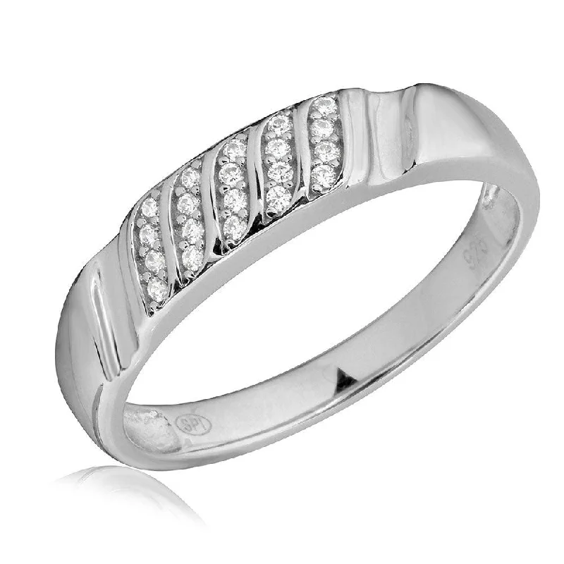 Vintage Diamond Rings-Rhodium Plated 925 Sterling Silver Men's Sideways Stone Design Wedding Ring - GMR00165