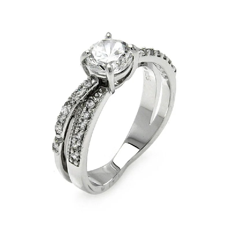 Bridal Diamond Rings-Silver 925 Rhodium Plated Clear CZ Round Overlap Bridal Ring - BGR00467