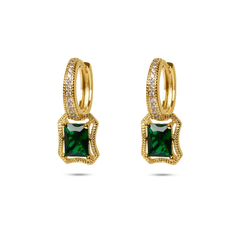 Gold Crystal Earrings-THE GREEN EMERALD PAVE' HUGGIE EARRINGS