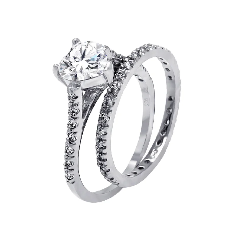 Simple Gold Wedding Bands-Silver 925 Rhodium Plated Clear CZ Heart Bridal Ring Set - BGR00068