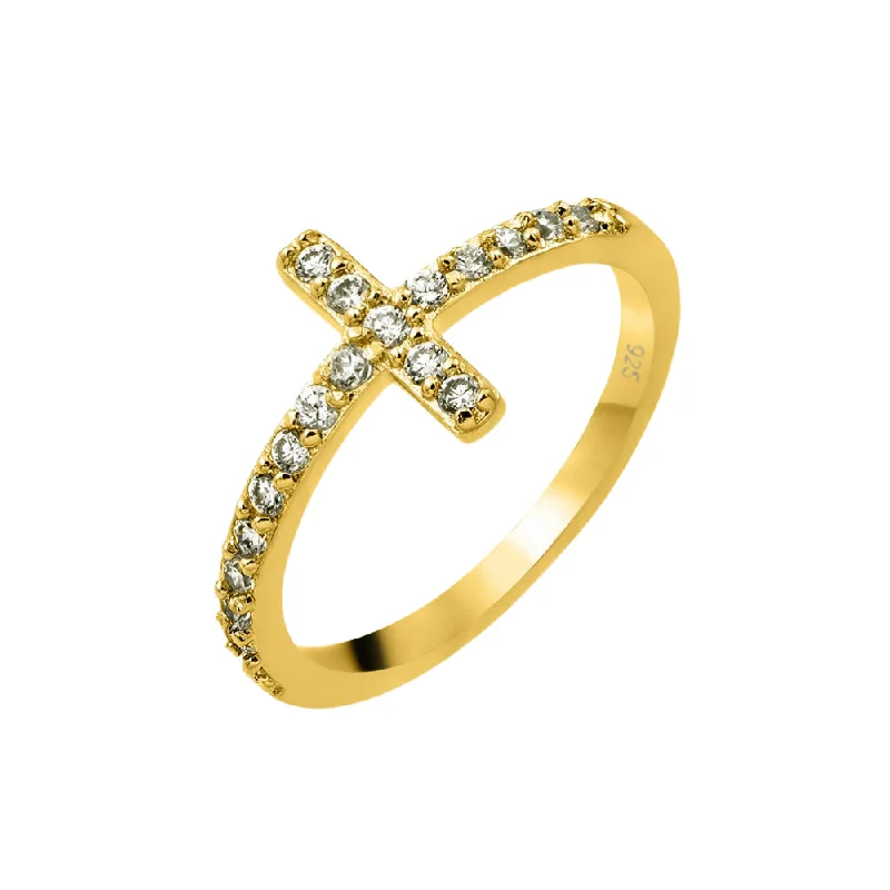 High-End Diamond Rings-Silver 925 Gold Plated Clear Inlay CZ Cross Ring - BGR00783GP