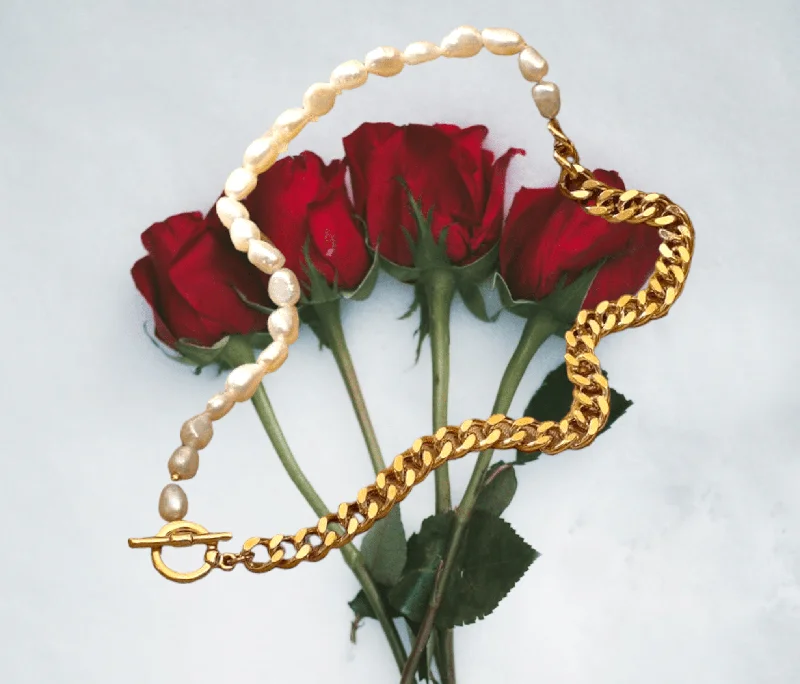 Romantic Heart Necklaces-Pearl Cuban Link Chain Necklace