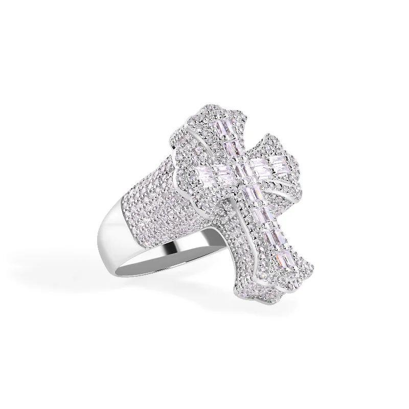 Personalized Rings for Weddings-Rhodium Plated 925 Sterling Silver Men's Fleur De Lis Baguette Cross Cut Clear CZ 28.5mm Ring - GMR00391