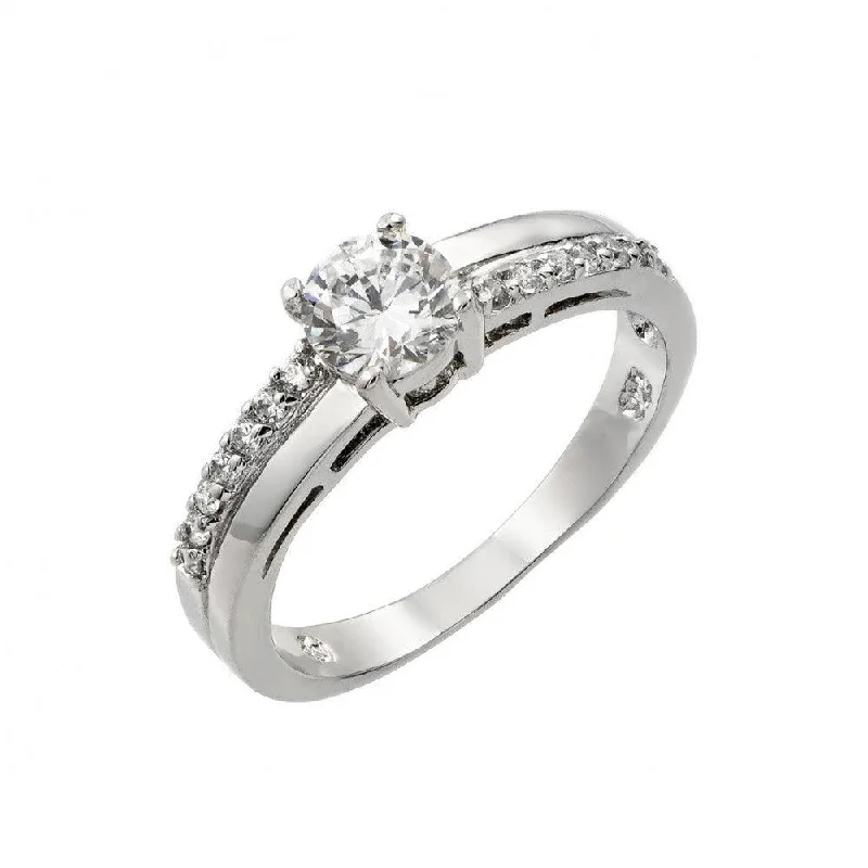 Unique Gemstone Wedding Rings-Silver 925 Rhodium Plated Clear Round Center CZ Bridal Ring - BGR00867