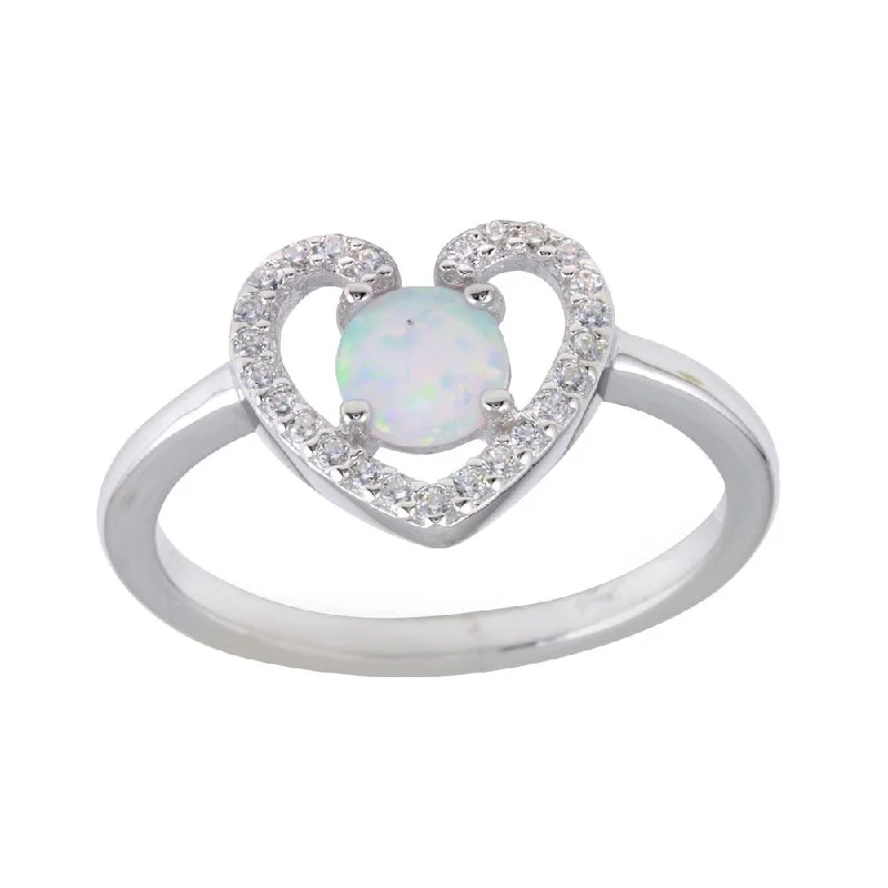 Wedding Ring Sets-Rhodium Plated 925 Sterling Silver Heart Synthetic Opal Center CZ Ring - BGR01256