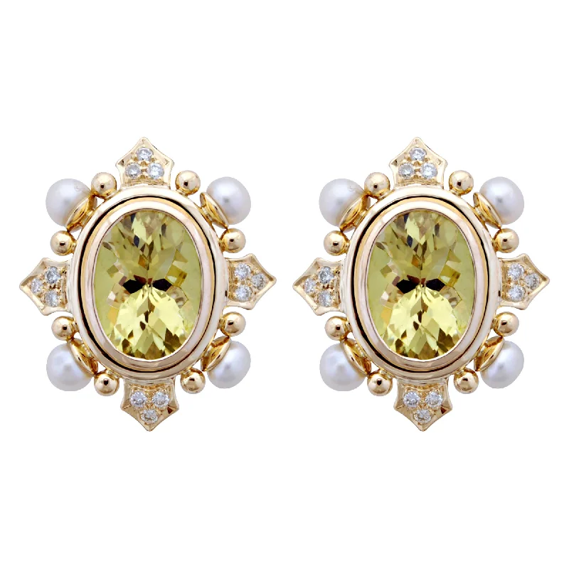 Silver and Gold Earrings-Earrings - Lemon Quartz, Pearl And Diamond (1849D)