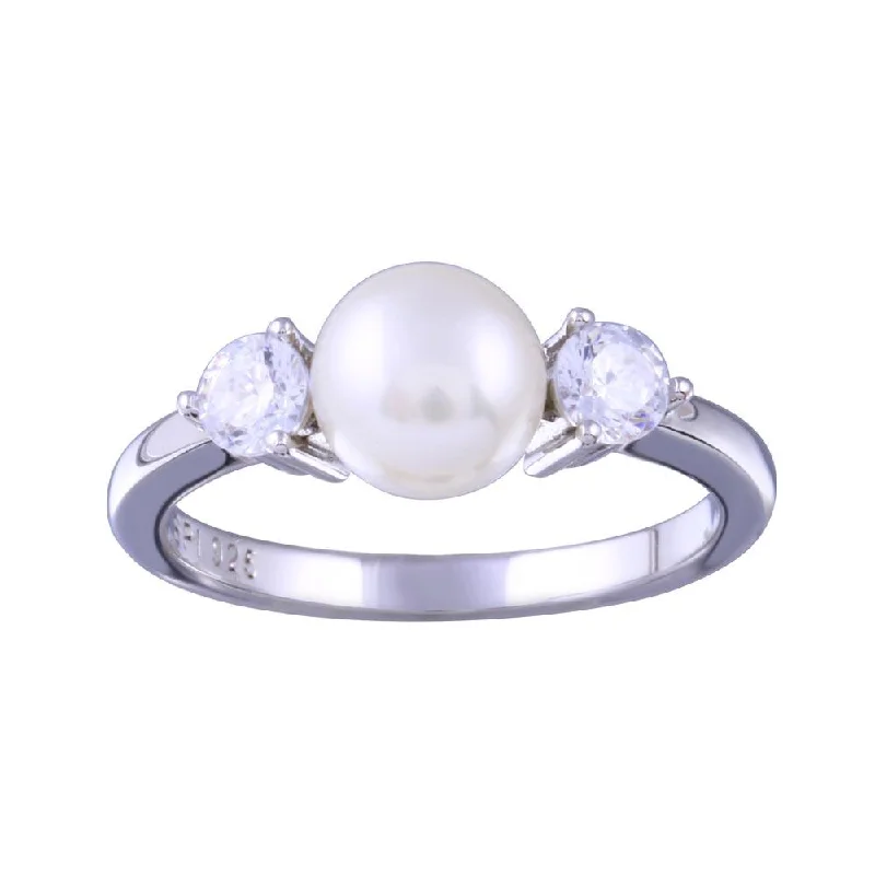 Personalized Wedding Rings-Rhodium Plated 925 Sterling Silver Freshwater Pearl with Clear CZ Ring - STR01159