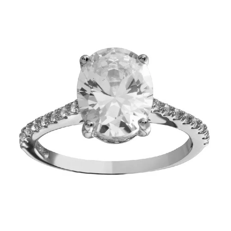 Designer Bridal Rings-Rhodium Plated 925 Sterling Silver Oval Solitaire CZ Band Ring - BGR01184RHD