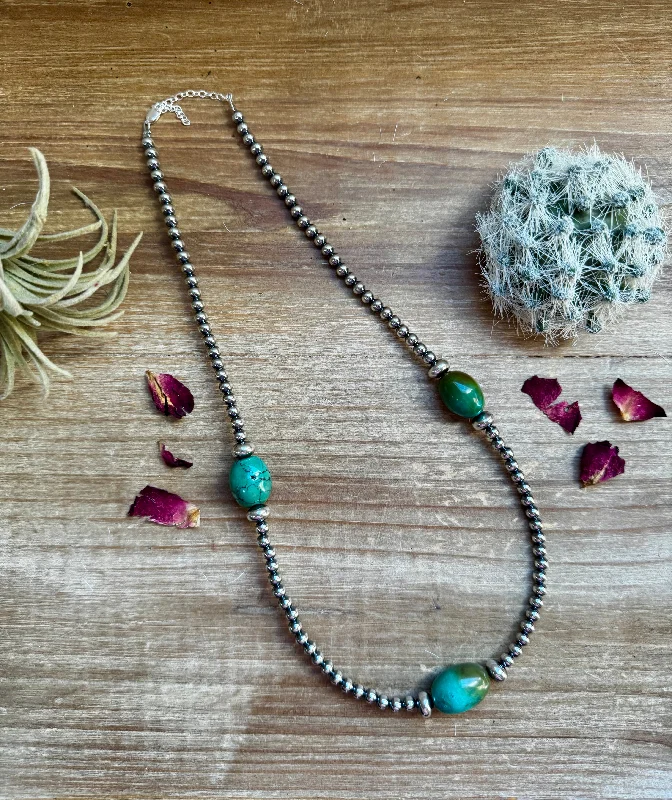 Simple Silver Necklaces-23 inch sterling silver pearls and turquoise