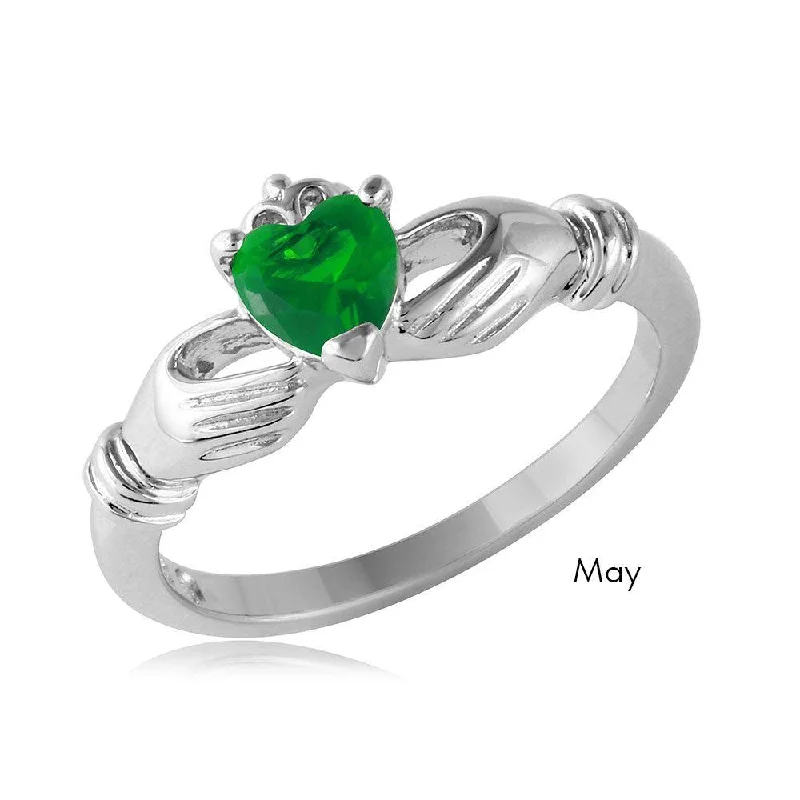 Simple Gemstone Wedding Rings-May Sterling Silver 925 Rhodium Plated CZ Center Birthstone Claddagh Ring - BGR01083MAY