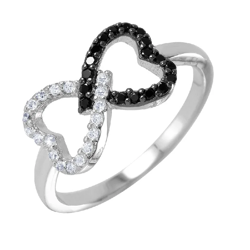 Personalized Engagement Ring Sets-Silver 925 Rhodium and Black Rhodium Plated Open Twin Heart Ring - BGR00942