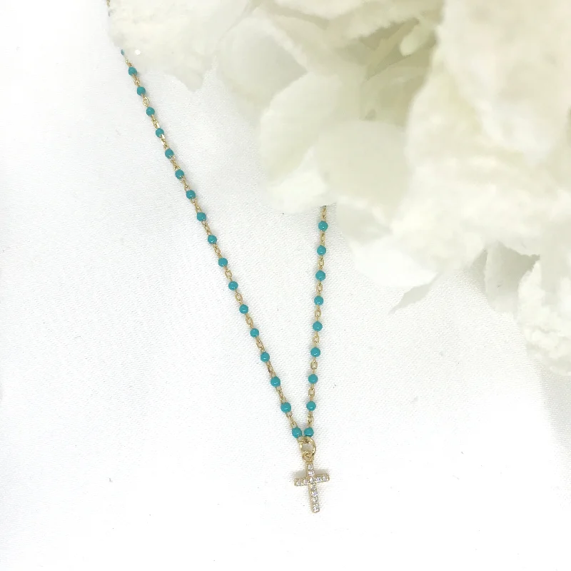 Wedding Necklaces-18k/925 Vermeil Turquoise Enamel CZ Cross Necklace