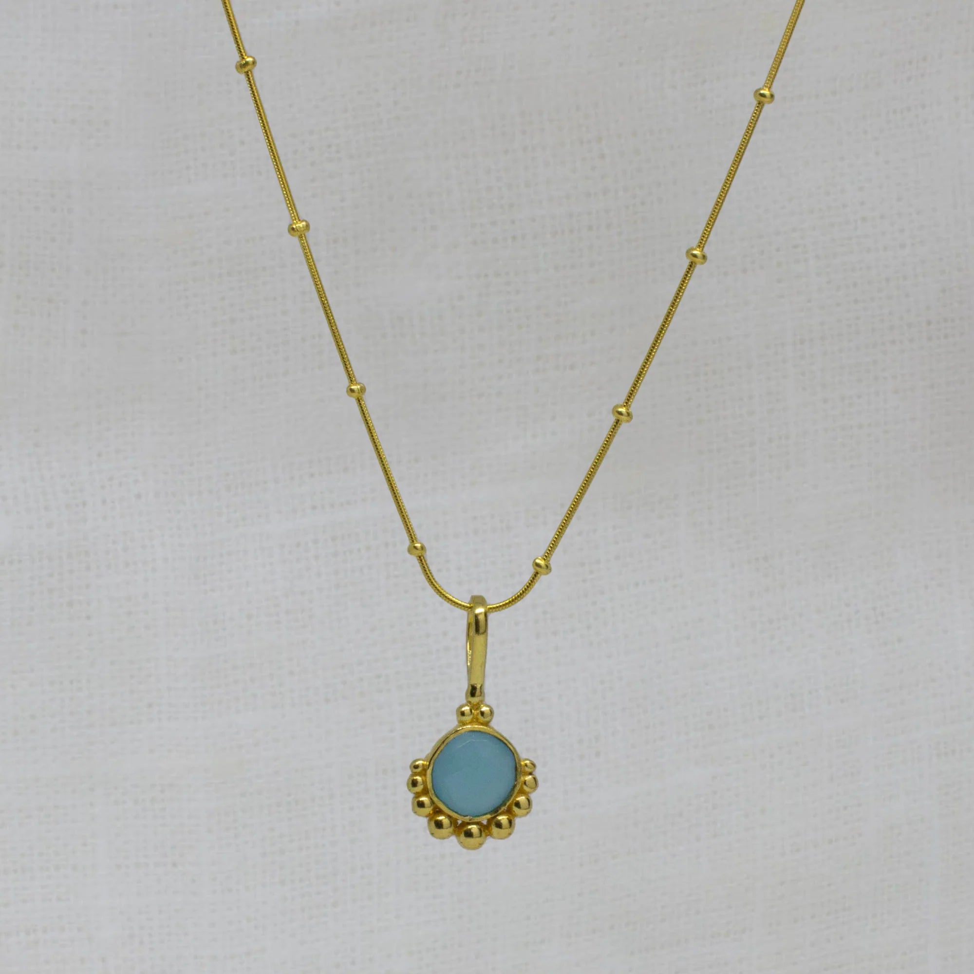 Long Gemstone Necklaces-18ct Gold Vermeil Dot Blue Chalcedony Pendant Necklace