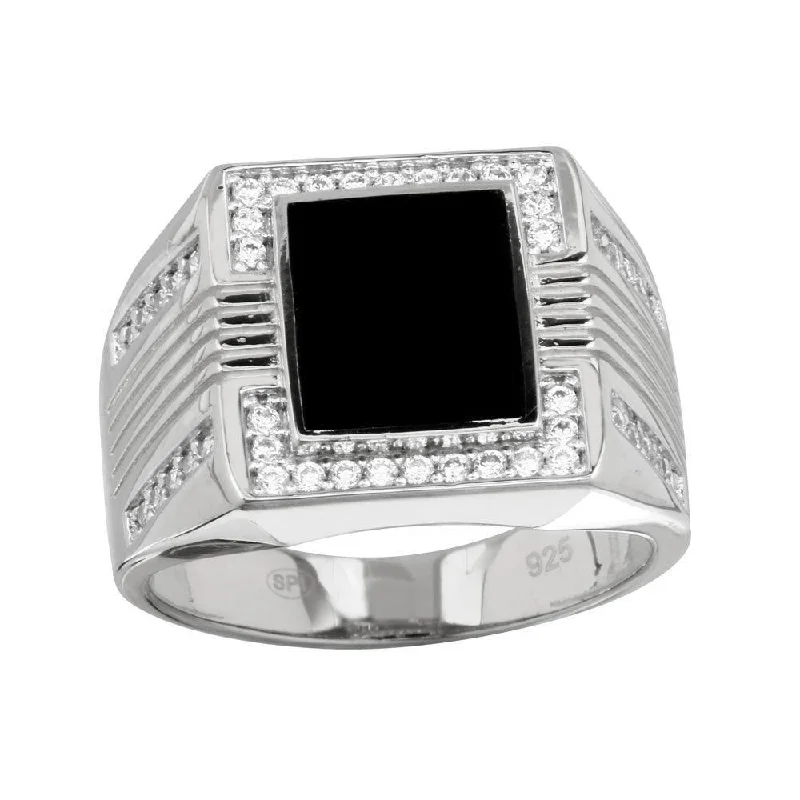 Bohemian Style Rings-Rhodium Plated 925 Sterling Silver Men's Square Flat Onyx Ring with CZ - GMR00252RH