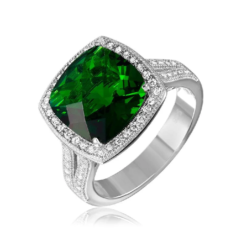 Men’s Engagement Rings-Silver 925 Rhodium Plated Square Halo Green CZ Ring with Micro Pave Stones - GMR00090G