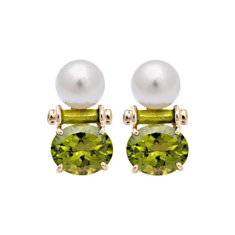 Stylish Stud Earrings-Earrings-Peridot, South Sea Pearl and Diamond (Enamel)  (2101D)