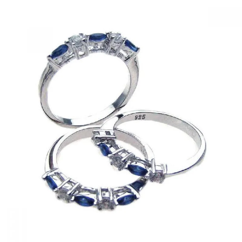 Custom Gemstone Wedding Bands-Silver 925 Rhodium Plated Blue and Clear CZ Ring Set - STR00510