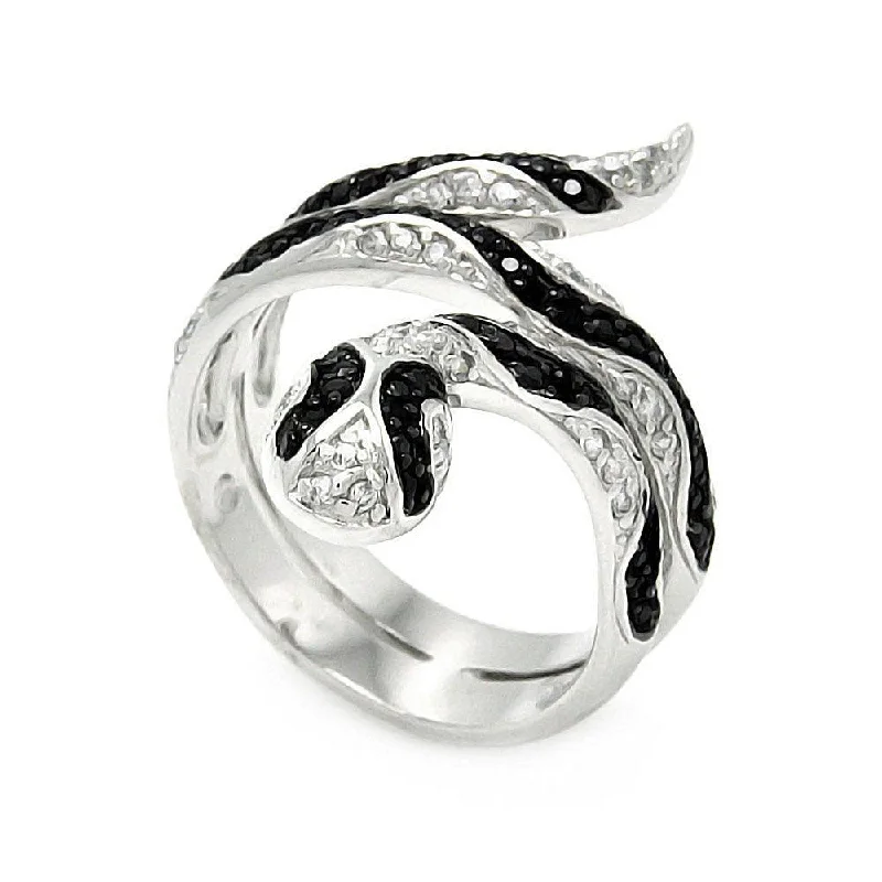 Stunning Gemstone Rings-Silver 925 Rhodium and Black Rhodium Plated Clear and Black CZ Snake Wrap Ring - BGR00446