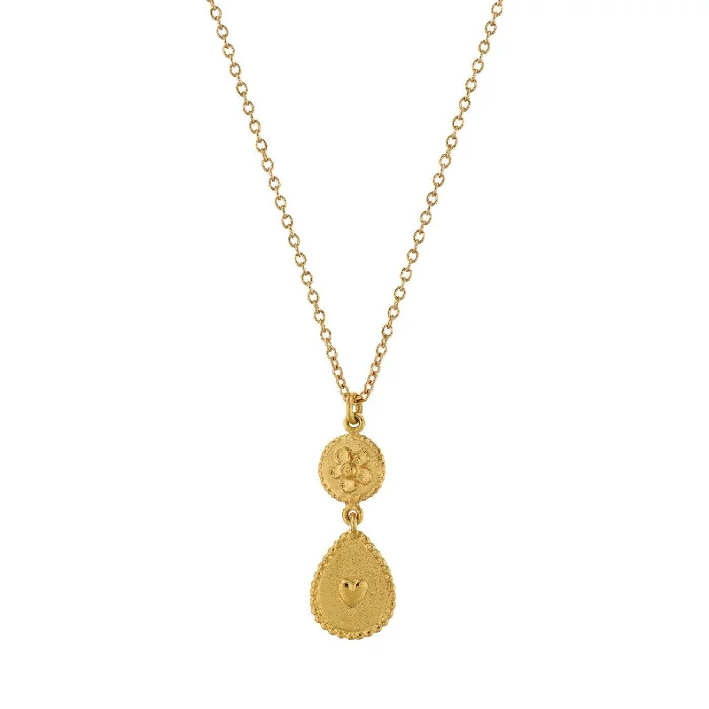 Simple Gemstone Pendant Necklaces-Alex Monroe Gold Heart and Flower Drop Necklace