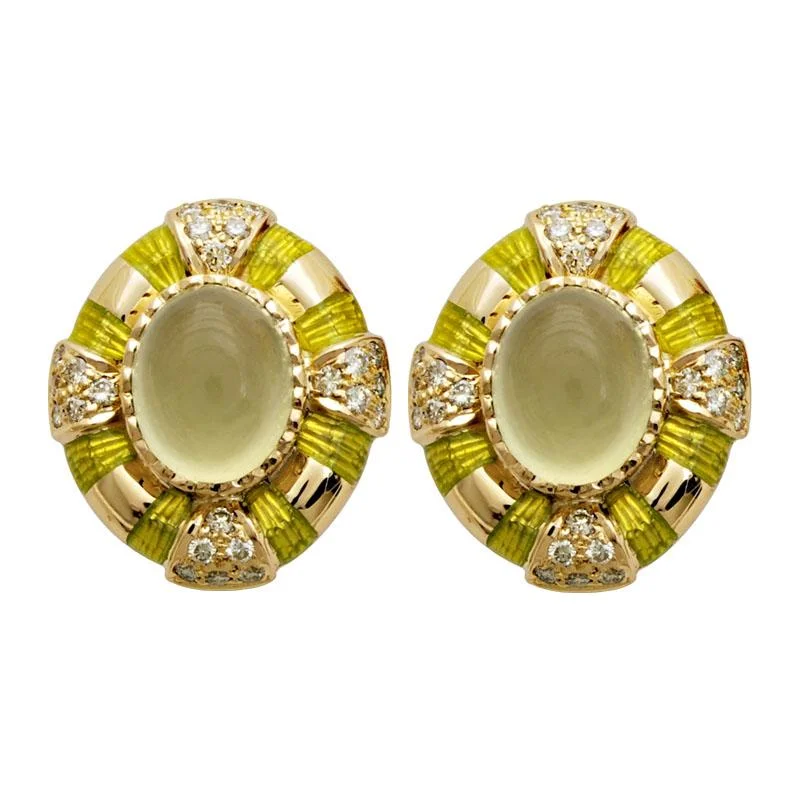 Gold Gemstone Earrings-Earrings-Prehnite and Diamond (Enamel)  (1510C)