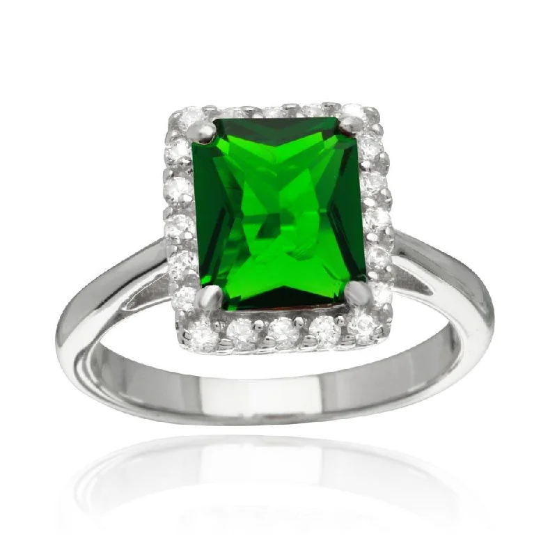 Fashionable Statement Rings-Rhodium Plated 925 Sterling Silver Square Green CZ Halo Ring - BGR01113GRN