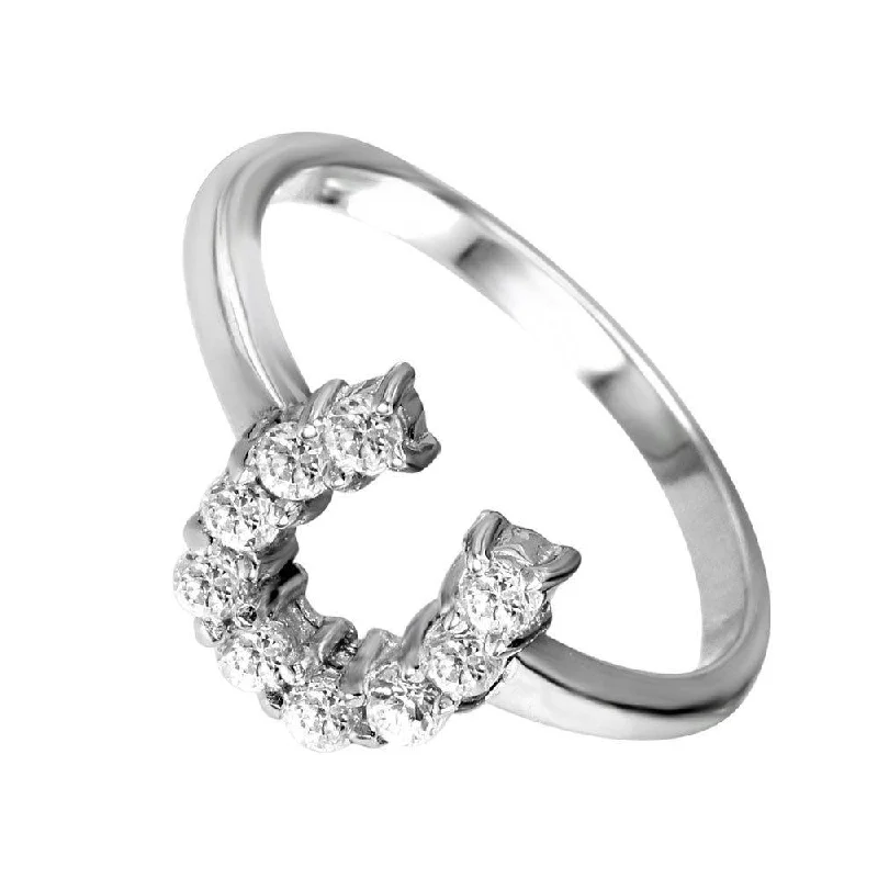 Elegant Silver Wedding Bands-Silver 925 Rhodium Plated Lucky Horseshoe CZ Ring - STR00022