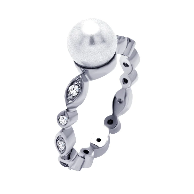 Fashionable Rings for Women-Silver 925 Rhodium Plated Clear CZ Pearl Center Ring - BGR00386