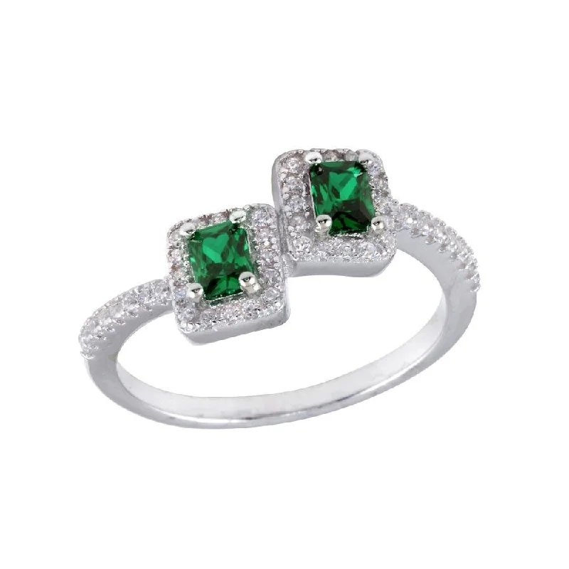 Handcrafted Diamond Rings-Rhodium Plated 925 Sterling Silver Double Square Green Center CZ Ring - BGR01254GRN