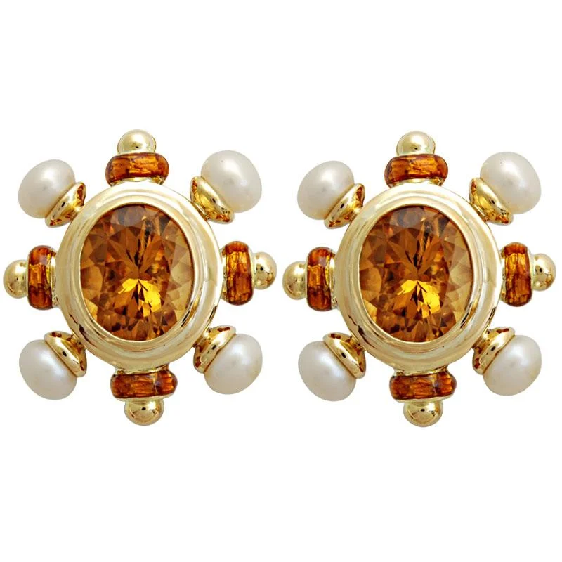 Chic Pearl Earrings-Earrings-Citrine and Pearl (Enamel)  (1666B)