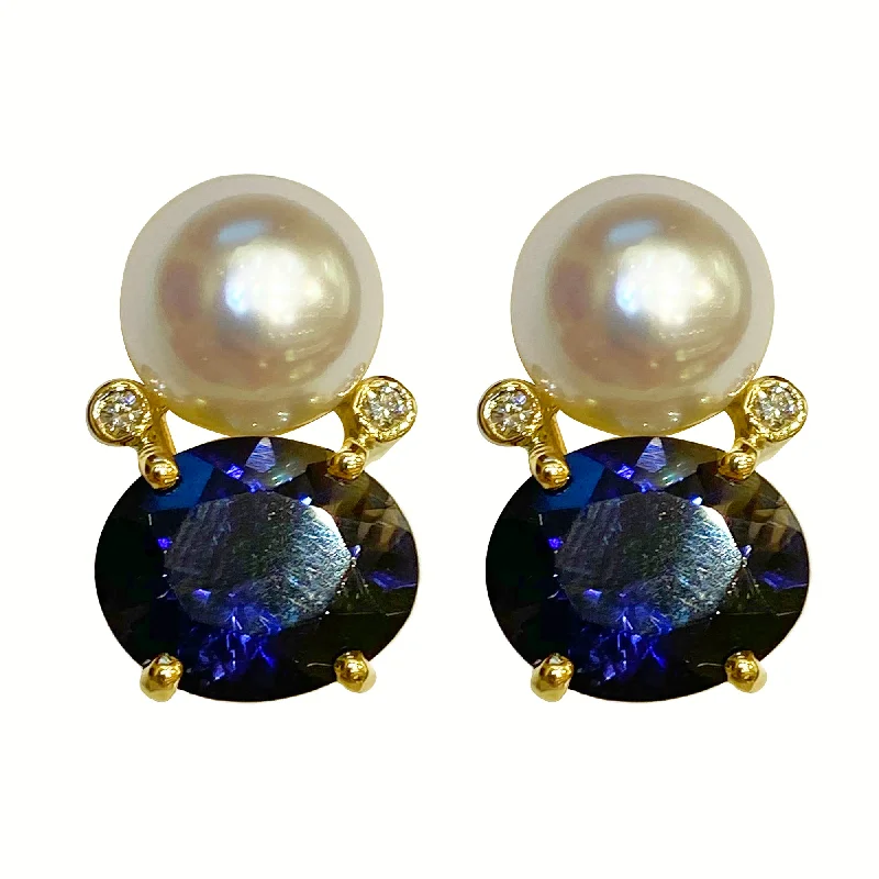 Luxury Drop Earrings-Earrings - Iolite, South Sea Pearl and Diamond in 18k gold