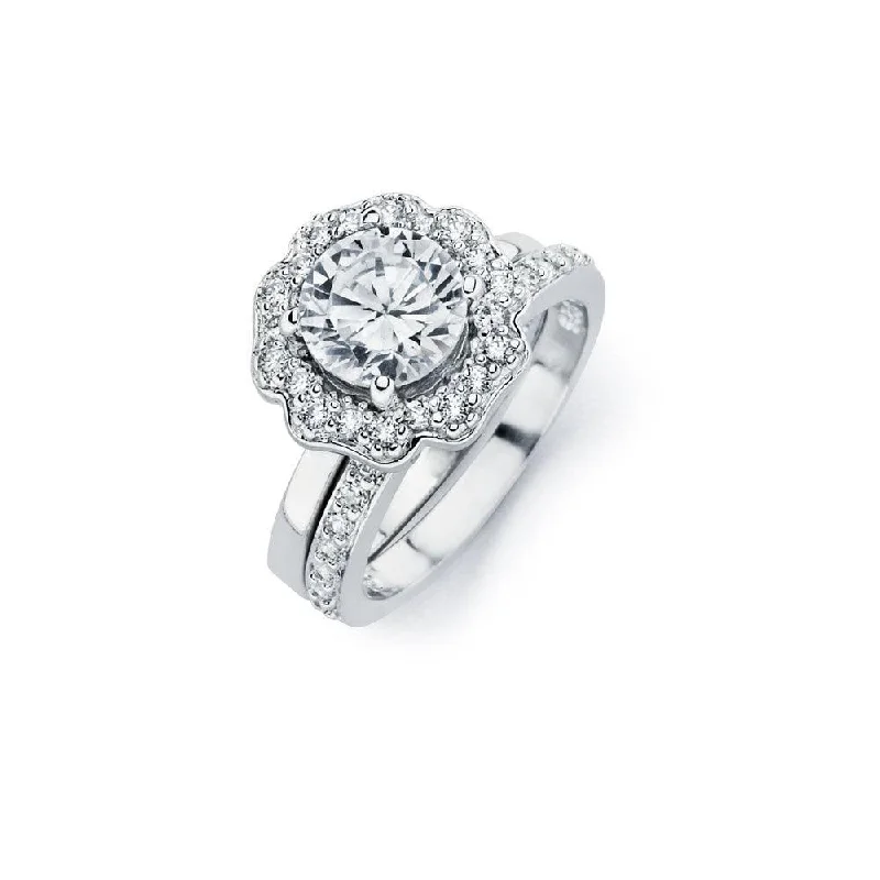 Custom Bridal Rings-Silver 925 Rhodium Plated Clear CZ Flower Engagement Ring Set - BGR00715