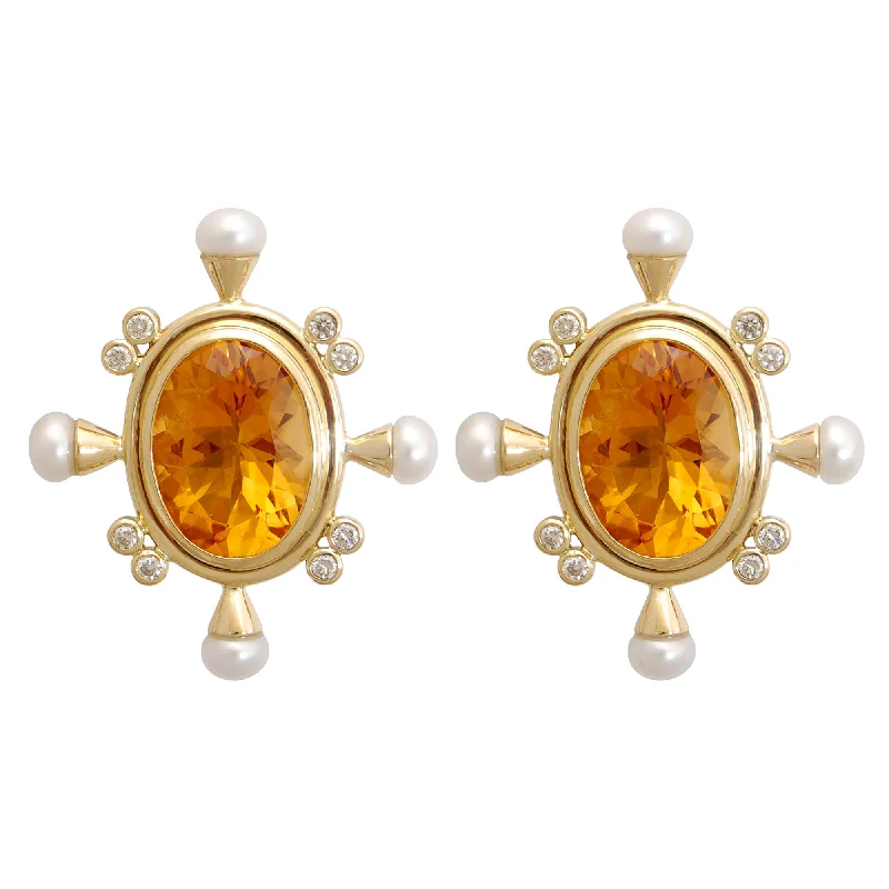 Simple Pearl Earrings-Earrings - Citrine, Pearl And Diamond (1779A)