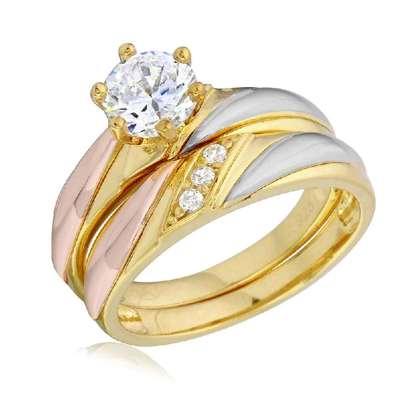 Modern Gold Wedding Bands-Three-Tone 925 Sterling Silver Overlap CZ Wedding Ring - GMR00200TRI